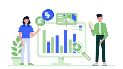 Financial data analysis by two people. Suitable for finance blogs, presentations, marketing materials, educational resources on teamwork and collaboration.