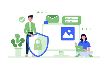 Title Online Data Security with People and a Shield A concept illustration of a diverse group of individuals with a digital shield symbolizing cybersecurity. Suitable for tech blogs and presentations.