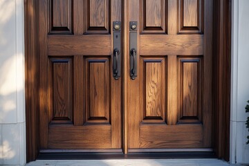 Beautiful wood double doors with handles, detailed paneling, and secure locks. Use for home design, security, and real estate marketing materials.