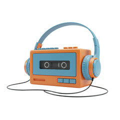 Classic portable cassette player with wired headphones, symbol of retro music entertainment, isolated on a transparent background, png, cutout