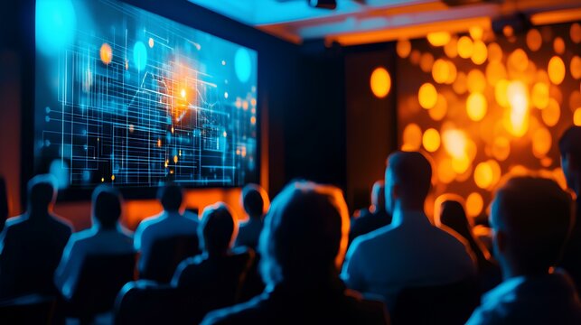 Digital Transformation: An engaging view of a seminar, focusing on the presentation on the screen which is demonstrating technological progress, with a crowd in attendance.