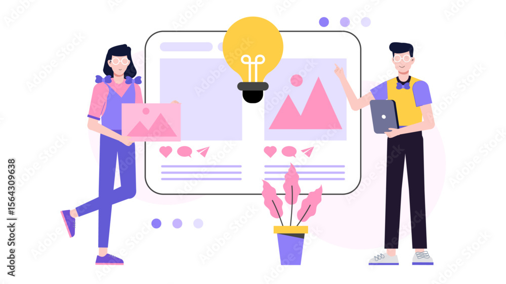 Poster two illustrators present a website design with mountains and a lightbulb idea. ideal for web design 