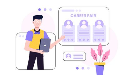 Man presenting a digital career fair suitable for job fairs, online events, virtual job markets, recruitment presentations, professional networking.
