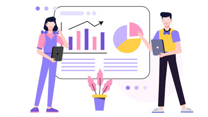 Two people delivering a presentation with data charts and graphs projected on a large screen. Suitable for business or educational concepts.