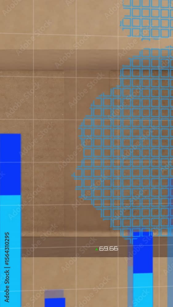 Aufkleber animation of statistics data processing over world map and cardboard box