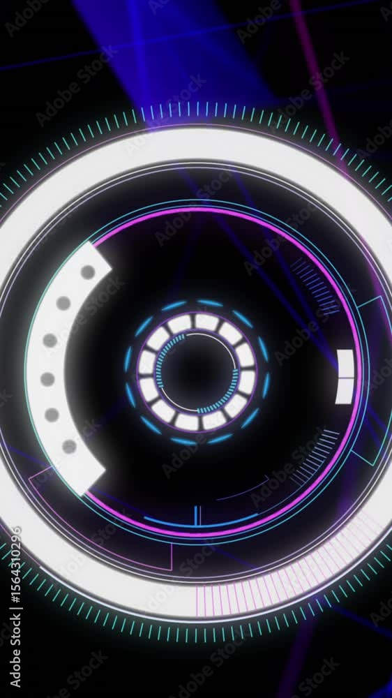 Poster animation of circular scope scanning with purple shapes moving behind on black