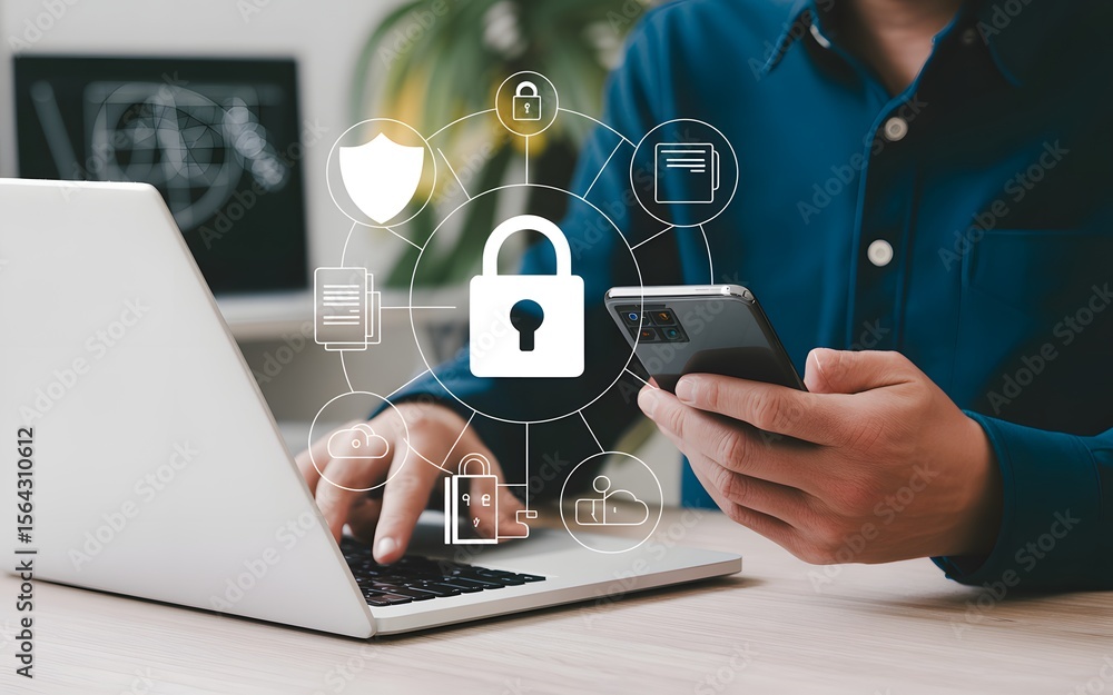 Poster cybersecurity and data protection concept demonstrating digital safety practices on laptop and smart