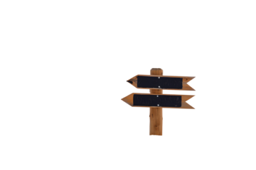 Wooden directional signpost with two black blank arrow signs isolated on a transparent background