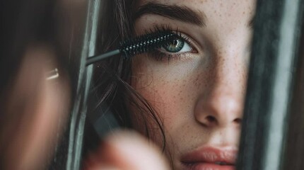 Close up of a woman applying mascara with green eyes and freckles in front of a blurry background - Powered by Adobe
