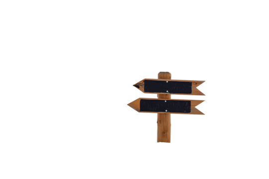 Wooden directional signpost with two black blank arrow signs isolated on a transparent background