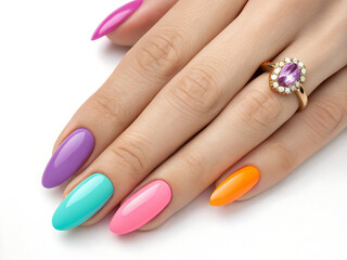 Close up of a hand with colorful almond shaped nails and a gold ring with purple stone on white background