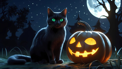 Black Cat Sitting Next to a Glowing Pumpkin on Halloween Night