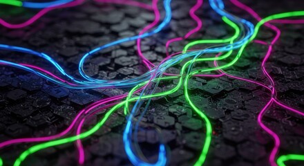 Abstract neon lines on a dark surface