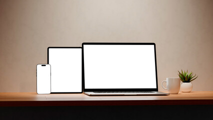 Laptop, mobile phone and tablet with blank screen for responsive Web Design and website Mockup. Digital devices over an office wooden desk.