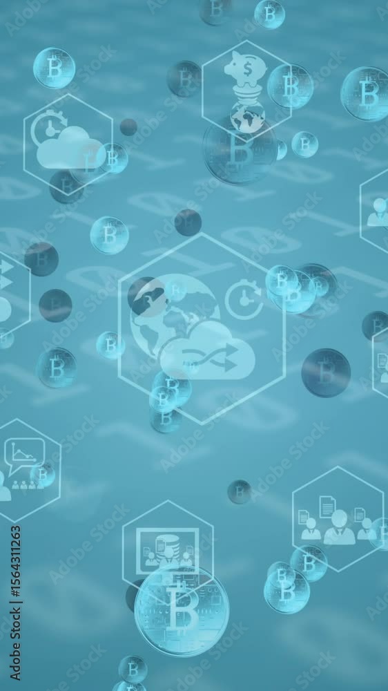 Poster animation of bitcoin and digital icons over binary coding numbers changing on blue background