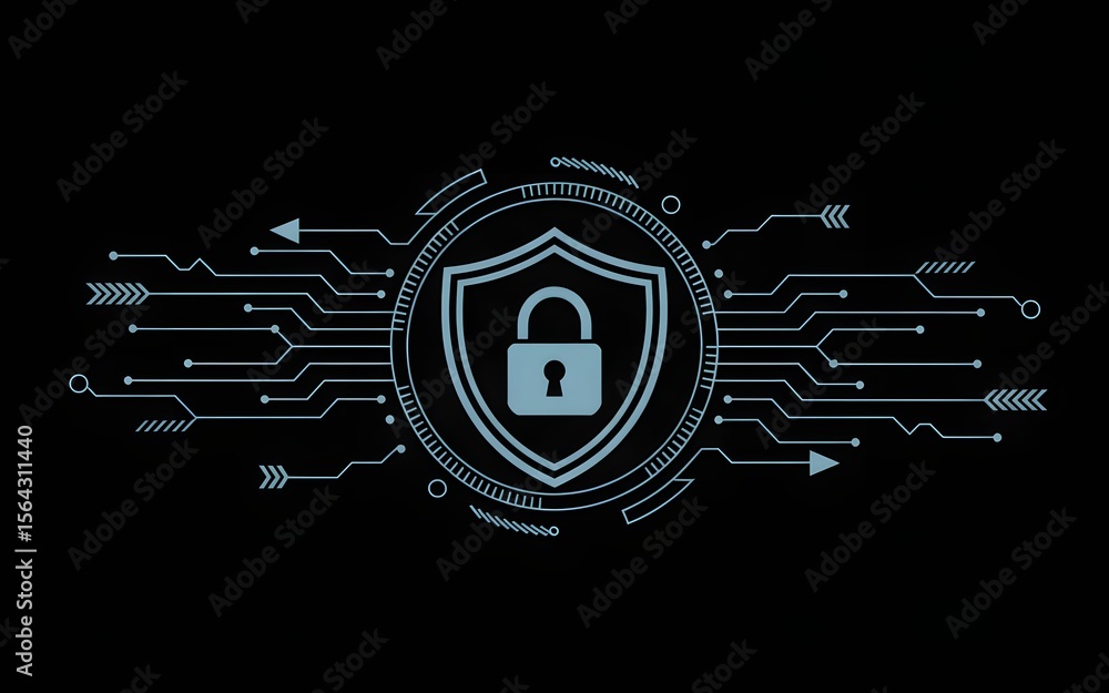 Poster digital security concept featuring shield padlock circuit design on black background illustrating da