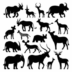 Collection of black animal silhouettes featuring a variety of wild and savanna species—elephants, giraffes, rhinos, antelopes, birds, and more—arranged on a white background in a compact grid layout.
