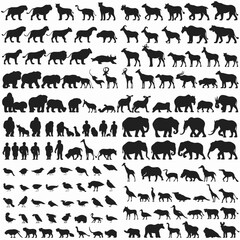 Collection of black animal silhouettes featuring a variety of wild and savanna species—elephants, giraffes, rhinos, antelopes, birds, and more—arranged on a white background in a compact grid layout.
