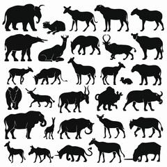 Collection of black animal silhouettes featuring a variety of wild and savanna species—elephants, giraffes, rhinos, antelopes, birds, and more—arranged on a white background in a compact grid layout.
