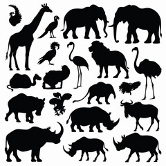 Collection of black animal silhouettes featuring a variety of wild and savanna species—elephants, giraffes, rhinos, antelopes, birds, and more—arranged on a white background in a compact grid layout.
