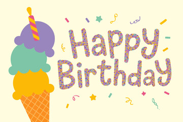 Colorful ice cream cone with a happy birthday message. Suitable for birthday greeting cards, party invitations, and social media posts.