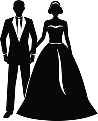the bride and groom are standing side by side, black and white silhouettes