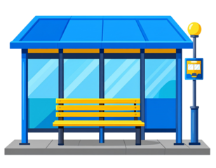 Colorful Flat Style Bus Stop Icon with Signpost and Waiting Area, isolated on transparent background
