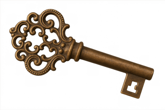 Vintage ornamental key resting on neutral backdrop, symbolizing historical intrigue and secure access