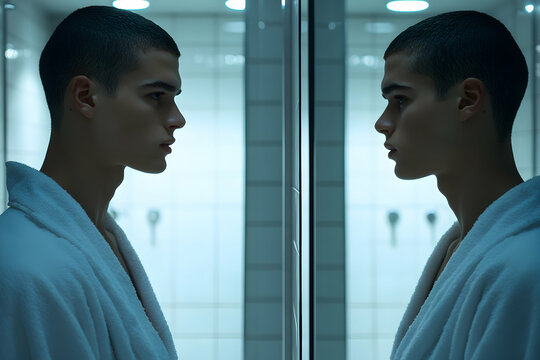 Young man looking in mirror bathroom