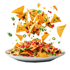 A plate of nachos with various toppings, including jalape?os, olives, and pico de gallo, against a transparent background
