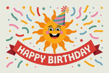 Happy sun in a party hat celebrating a birthday. Suitable for birthdaythemed designs, greeting cards, invitations, and festive graphics.