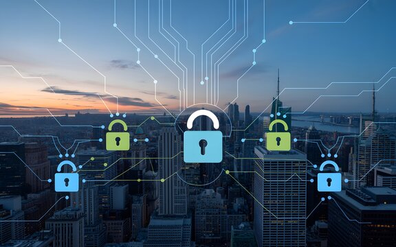 Digital security concept illustrating network protection with cityscape and lock icons