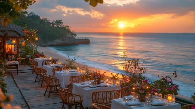 A picturesque scene of a beachside restaurant at sunset with a breathtaking ocean view