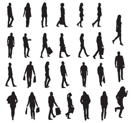 People Silhouettes, Walking Figures Vector Isolated on White