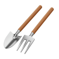 Set of garden tools including small shovel and hand rake for gardening, planting and soil maintenance, isolated on a transparent background, png, cutout