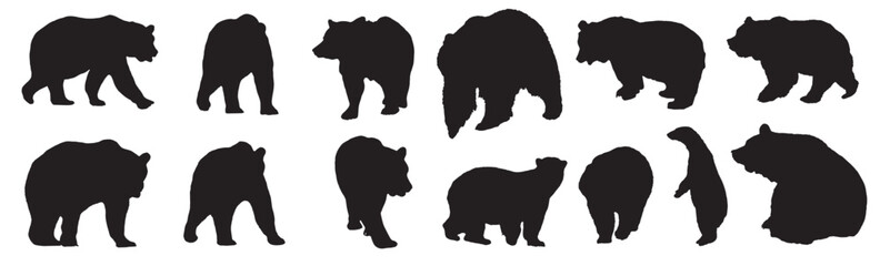 Bear Silhouettes Set, Vector Illustration Isolated on White Background.