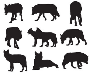 Wolf Silhouettes, Vector Illustration Isolated on White.