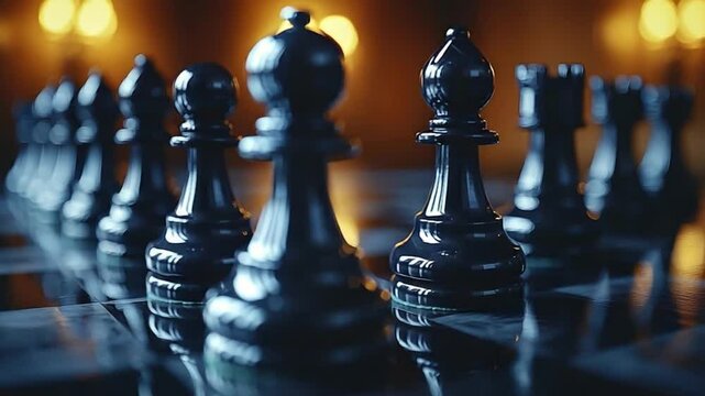 Chess pieces on a board, strategic game, competition, dark theme