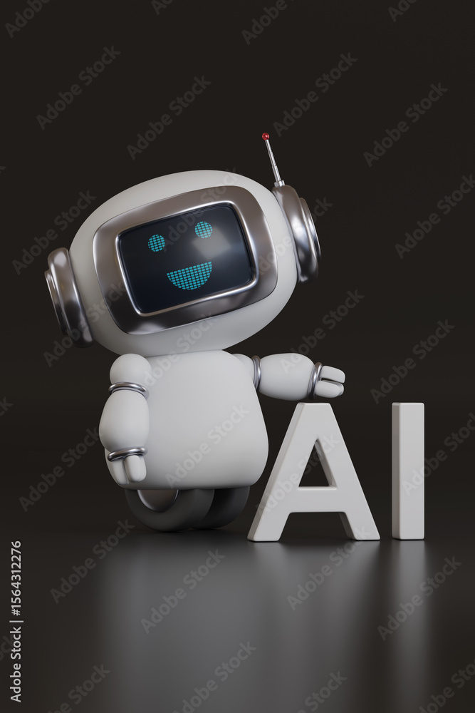 Fototapete cute happy robot with ai text on dark background. 3d illustration.