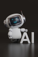Cute happy robot with AI text on dark background. 3d illustration.