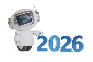 Year 2026 in three dimensions with cute robot. New year concept. 3d illustration.