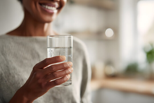 Mujer de mediana edad sosteniendo un vaso de agua, relacionada con medicamentos, salud, bienestar, y el vaso de agua.
