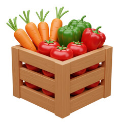3D realistic wooden crate with fresh vegetables for farming, food, agriculture, or healthy eating concept isolated on a transparent background, png, cutout