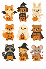 Fototapeta premium Halloween animals with pumpkins flat style