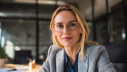Retrato de una mujer rubia mirando a la cámara, con gafas, de cabello rubio, vestida con traje de estilo business casual, profesional.
