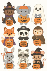 Fototapeta premium Halloween animals characters with trick or treat pumpkins