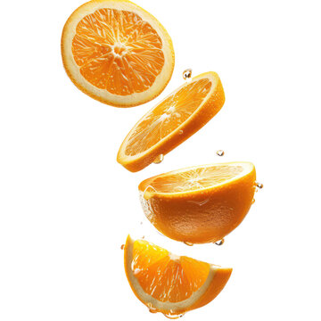 Sliced oranges floating in the air with water droplets.