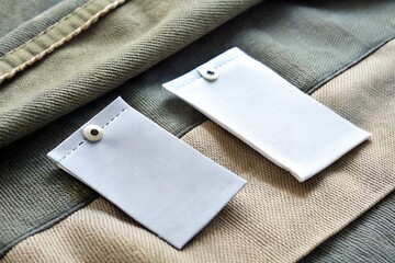 Two blank clothing labels, one white and one light gray, are displayed on a green fabric background
