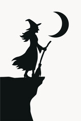 Witch silhouette on cliff with crescent moon