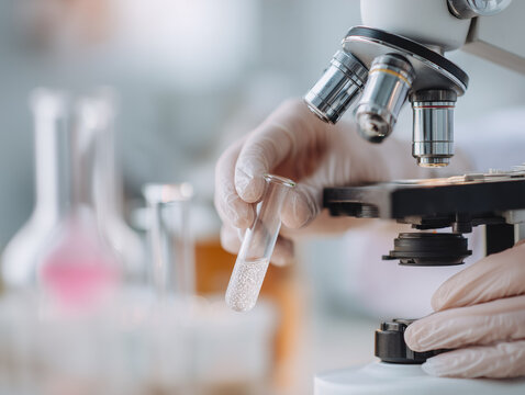 Close-up of gloved hands working with test tubes and a microscope in a bright modern laboratory. No faces, clean background, soft daylight, scientific workspace, minimal clinical scene.